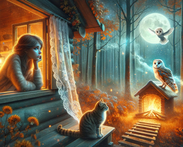 Cozy Cabin in a Mystical Forest Under Full Moon