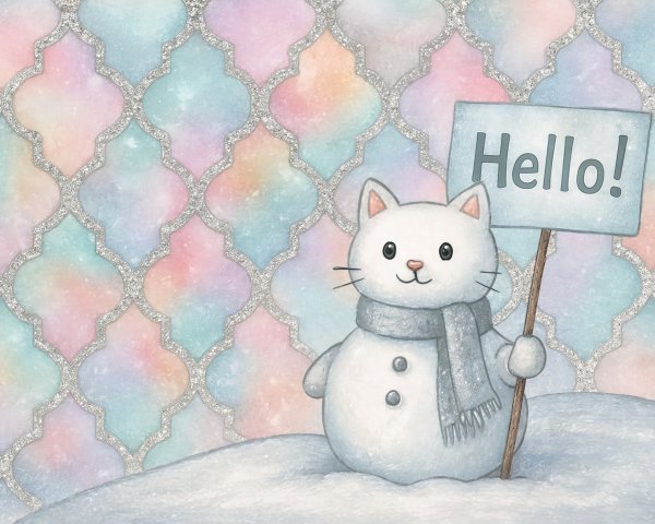 White Cat Snowman in Snow with Pastel Background