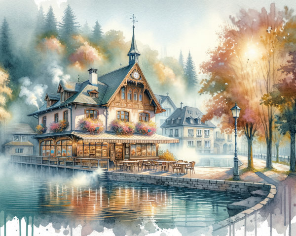 Charming House by Misty Waterway in Autumn Colors