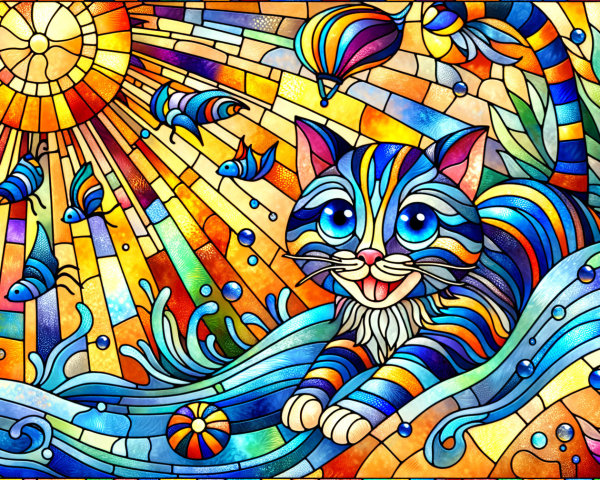 Vibrant Stained Glass Artwork of a Playful Cat