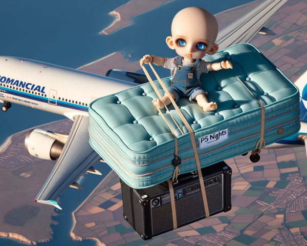 Large Doll on Suspended Mattress Above Scenic Landscape