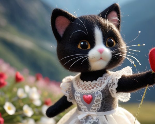Black and white kitten doll in a flower field