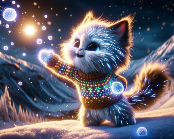 Fluffy Kitten in Colorful Sweater in Winter Wonderland