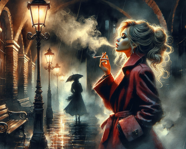 Mysterious Night Scene on a Cobblestone Street