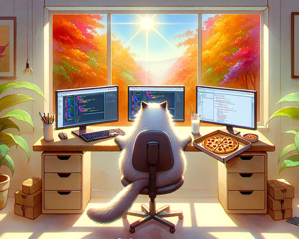 Fluffy White Cat at Desk with Dual Monitors and Pizza