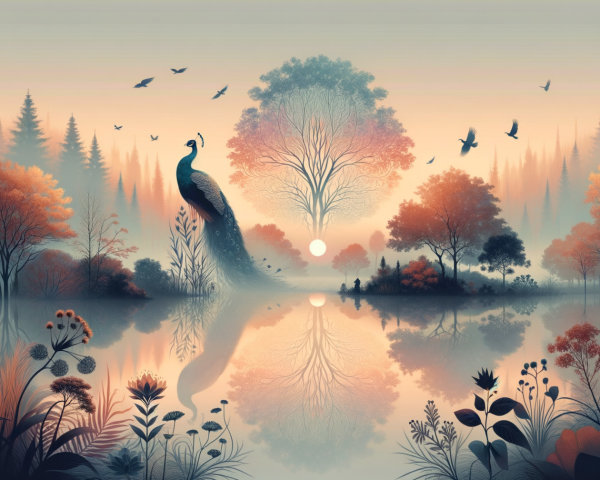 Serene Dusk Landscape with Peacock by Tranquil Lake