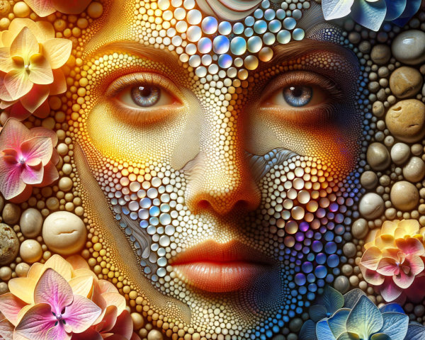 Abstract Face with Colorful Spheres and Flowers