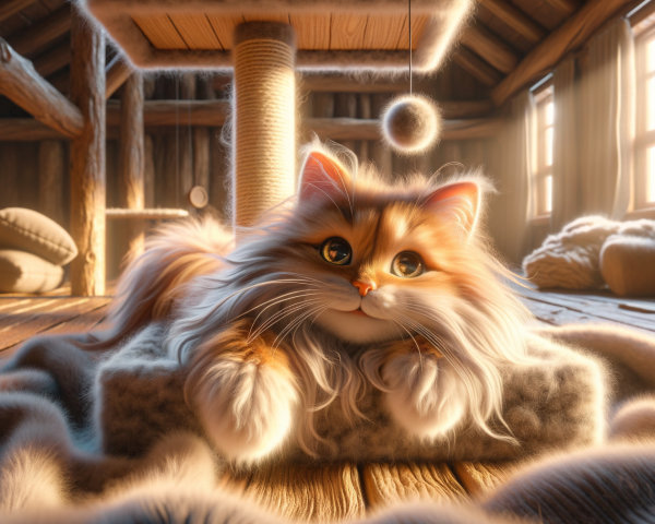 Fluffy Orange-and-White Cat in Rustic Room Setting