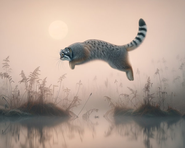 Spotted Cat Leaping Over Misty Dawn Landscape
