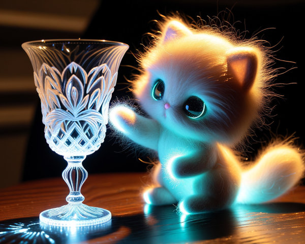 Fluffy Kitten Doll and Shimmering Glass Goblet Scene