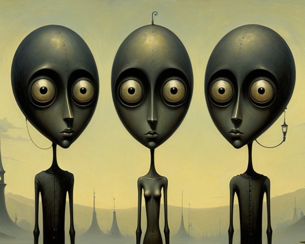 Tall Figures with Gray Skin in Futuristic Landscape