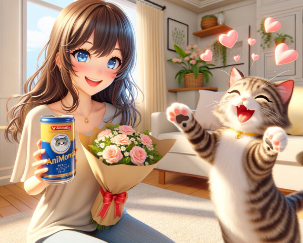 Cheerful woman with flowers and cat in sunny room