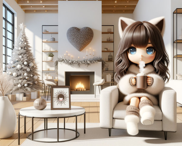 Cozy Modern Living Room with Snowy View and Chibi Character