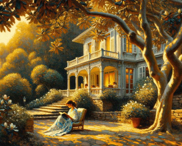 Victorian House in Serene Garden with Magnolia Trees