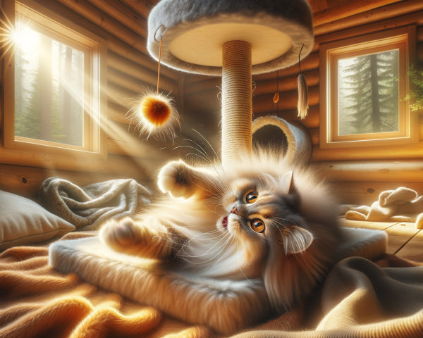 Fluffy Cat Playing on Cozy Cat Tree in Sunlit Room
