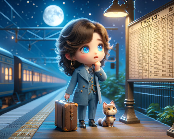 Character at Night Train Station with Cat and Suitcase