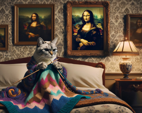 Cozy Bedroom with Cat Knitting and Artful Decor