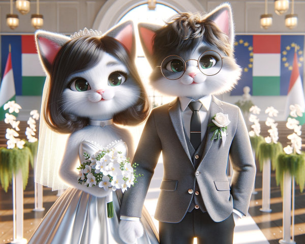 Cute Animated Cat Couple at Charming Wedding Venue