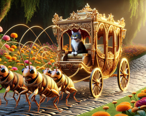 Golden Carriage with Insects and Regal Cat in Garden