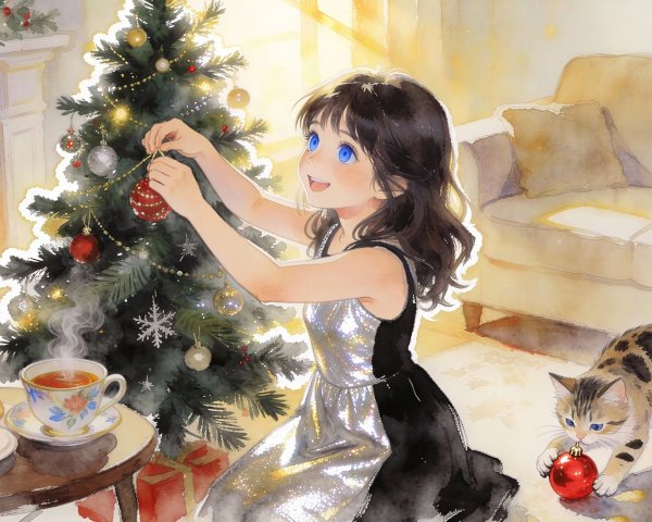 Cozy Christmas Scene with Ornamented Tree and Fireplace