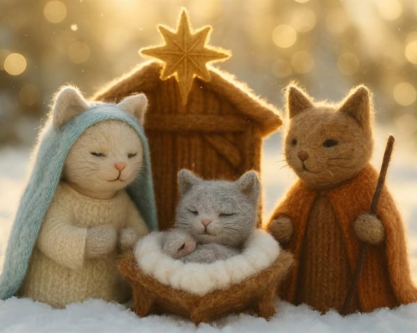 Whimsical Fiber Art Nativity Scene with Cats in Snow