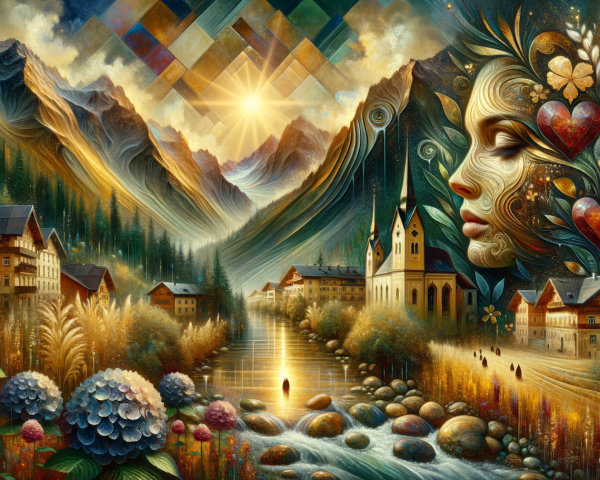 Serene landscape of mountains, river, and vibrant flora