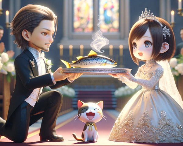 Whimsical Wedding Scene with Groom, Bride, and Cat