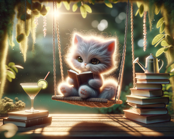 Fluffy Gray Kitten Reading on a Swing in Nature