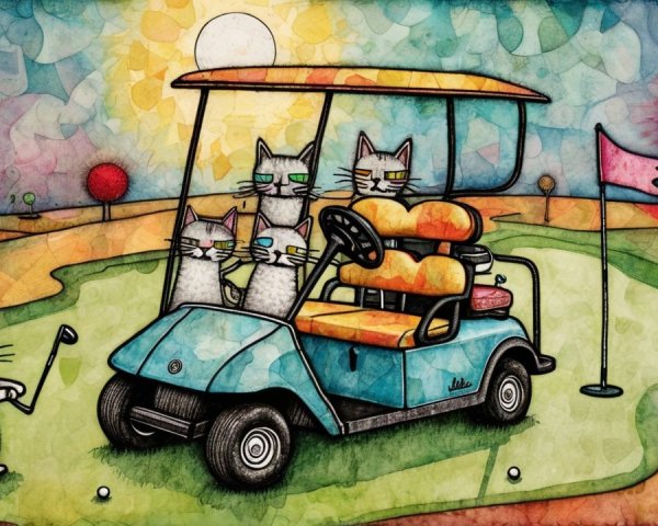 Cats in a Colorful Golf Cart on a Sunny Day