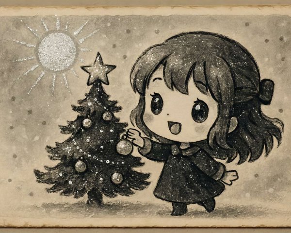 Retro Christmas Postcard with Kawaii Boyish Girl