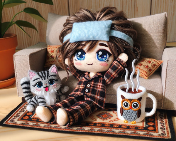 Cozy Indoor Scene with Doll, Cat, and Owl Mug