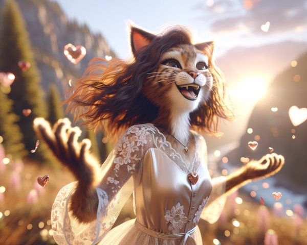 Whimsical Cat in Lace Wedding Gown in Scenic Landscape