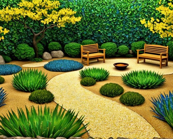 Serene garden with wooden benches and vibrant plants