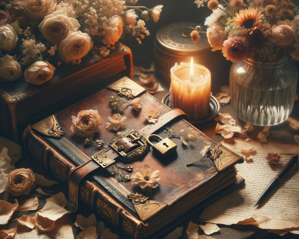 Vintage Book on Rustic Table with Floral Decor