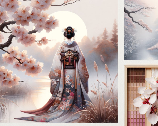 Serene Figure in Kimono by Tranquil Water and Blossoms