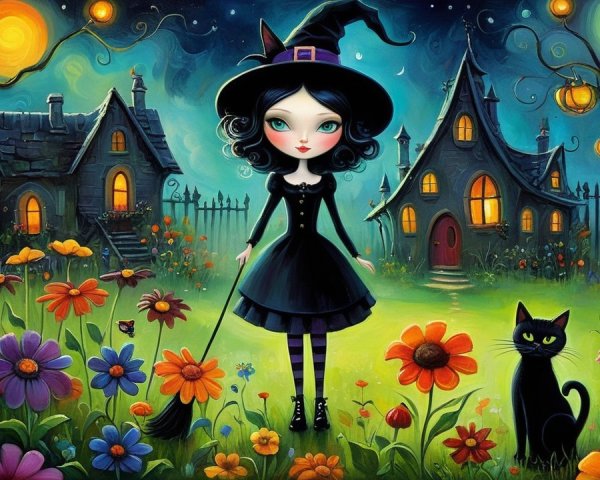 Young witch in garden with lantern-lit houses and cat