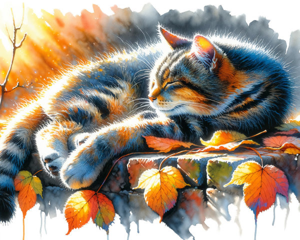 Watercolor of a Cat Among Autumn Leaves in Sunlight