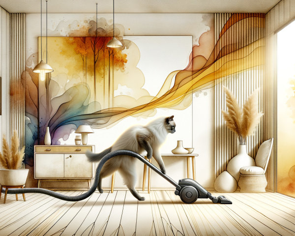 Whimsical Cat Vacuuming in Modern Living Room Decor