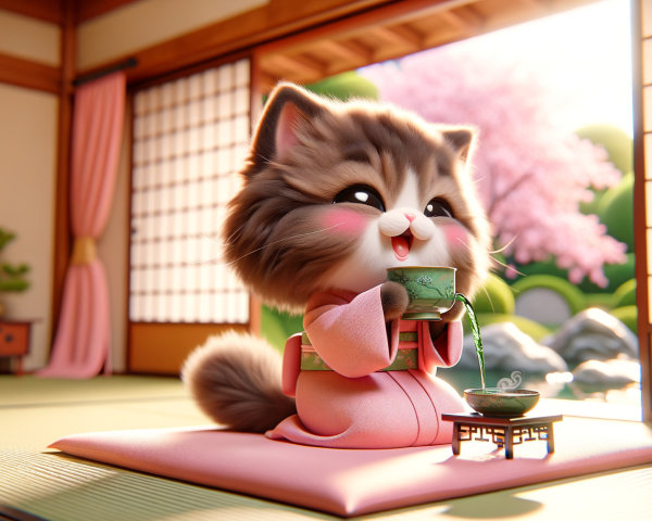 Fluffy Cat in Pastel Kimono in Japanese Garden Setting