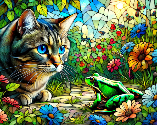 Curious Cat and Frog in a Colorful Garden Scene
