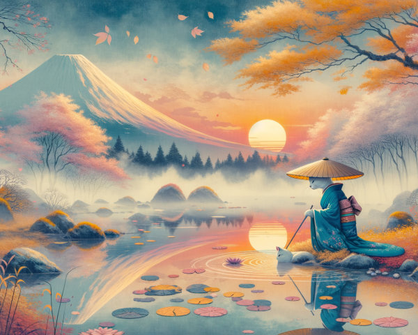 Serene Landscape with Woman by Tranquil Pond at Sunset