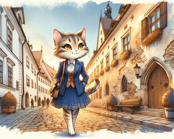 Anthropomorphic cat in stylish outfit on cobblestone street