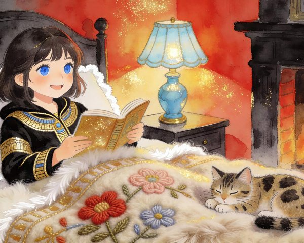Anime Girl in Egyptian-Themed Outfit in Cozy Bedroom