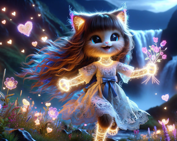 Whimsical Animated Kitten in Enchanted Landscape