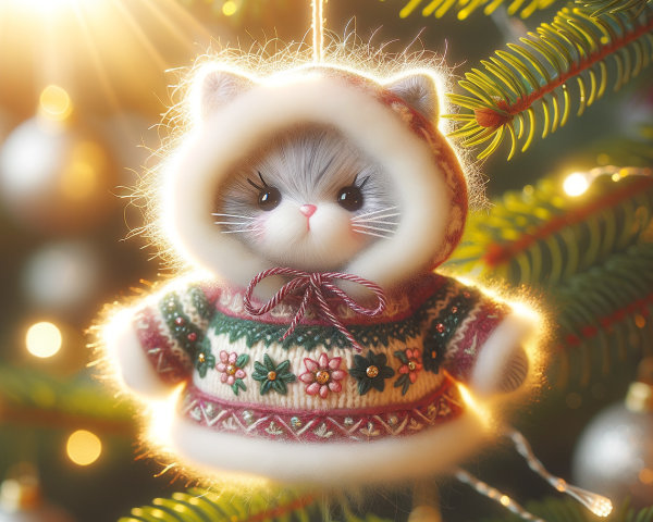 Cat Ornament on Christmas Tree with Holiday Lights