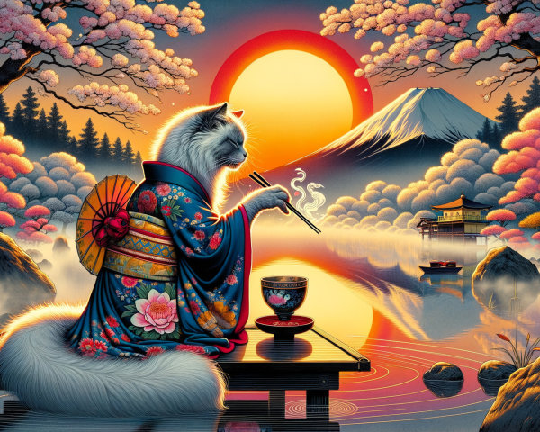White Cat in Kimono by Lake at Sunset with Fuji