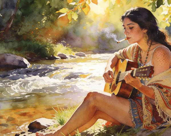 Watercolor Painting of Woman by River with Guitar