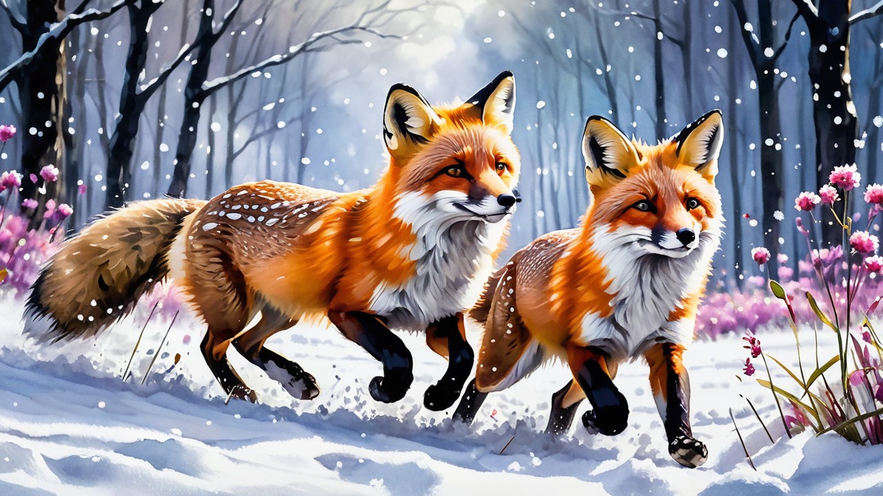 Red Foxes in Snowy Forest with Wildflowers and Trees