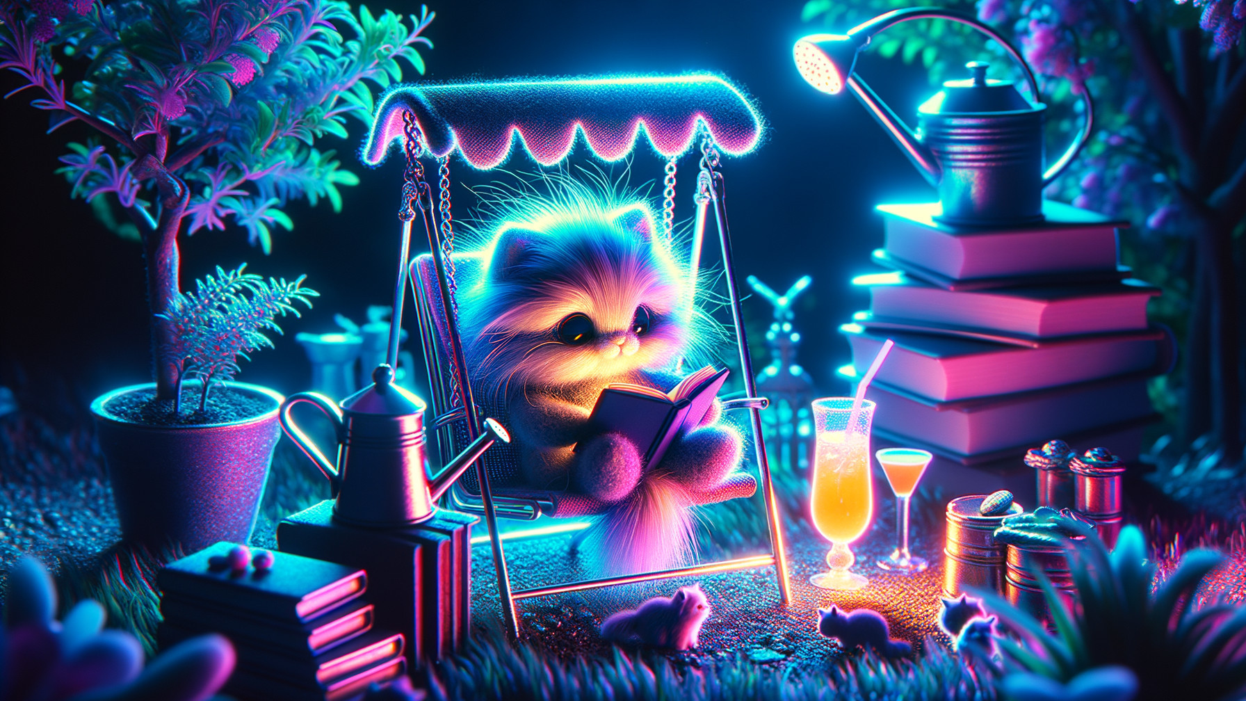 Fluffy Pomeranian on Swing in Vibrant Garden Scene