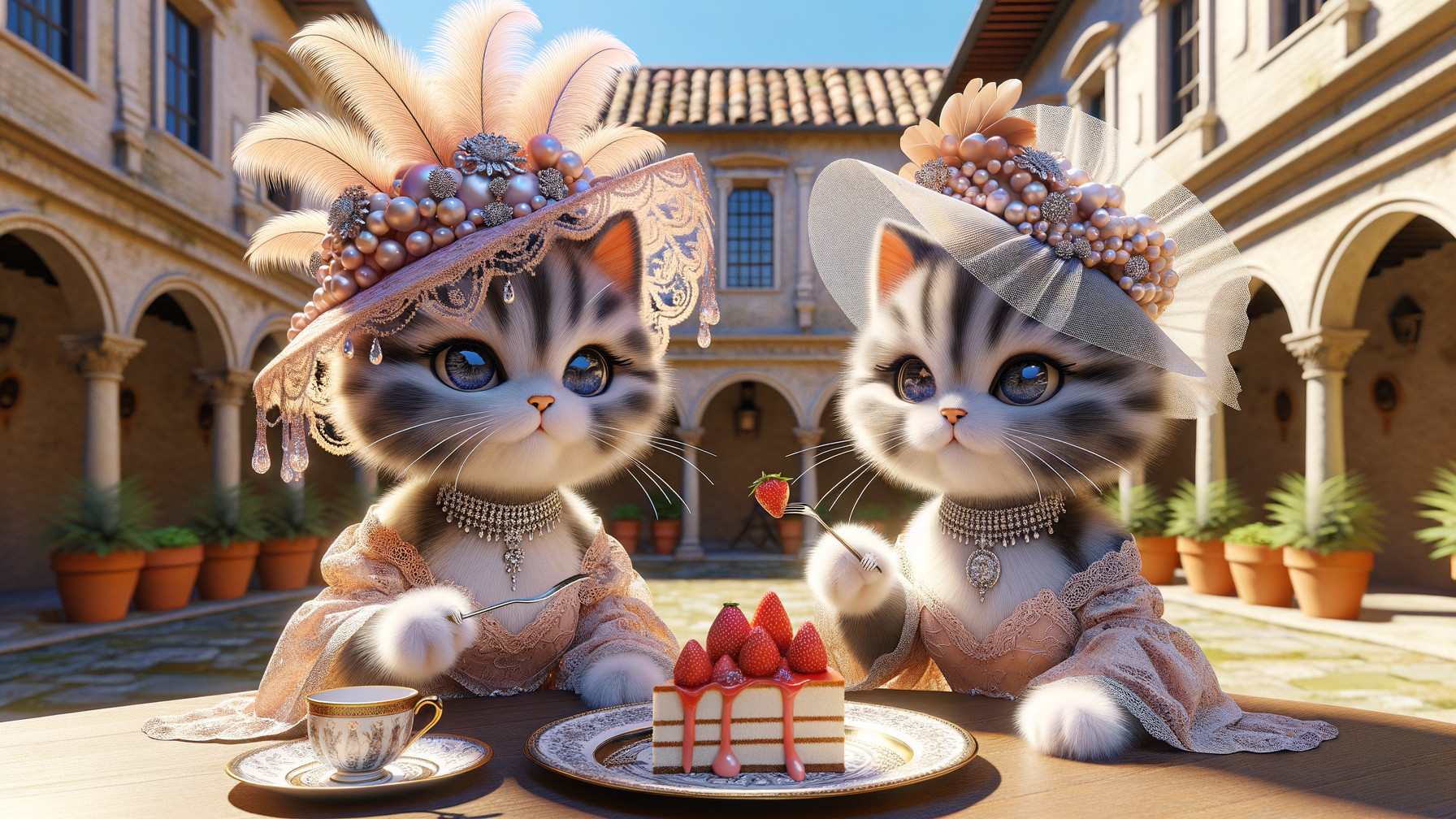 Cats in Courtyard Enjoying Afternoon Tea Together